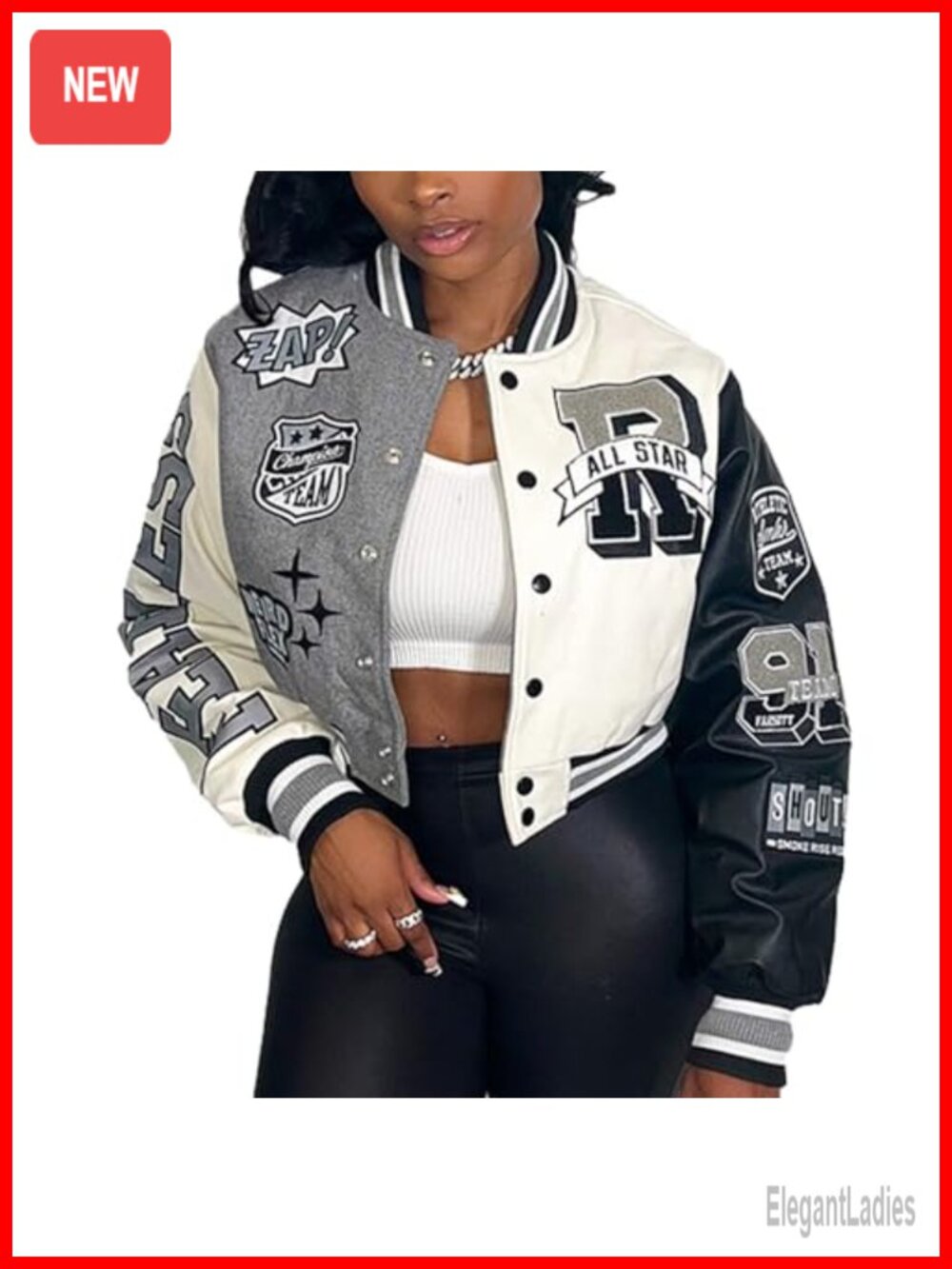 Womens Cropped Varsity Jacket Letter Print Casual Bomber Coat